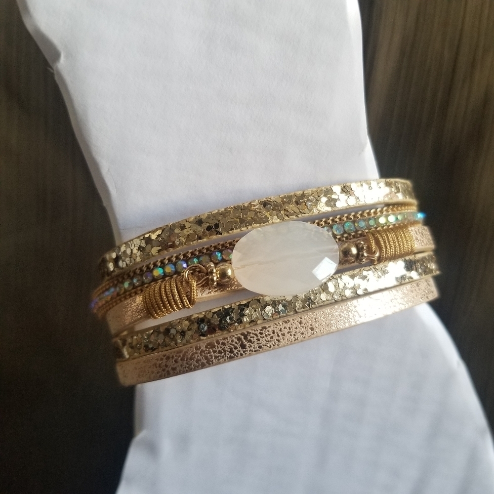 Elegant Gold Faux Leather Multi-Layered Bracelet Magnet Snap Closure EUC